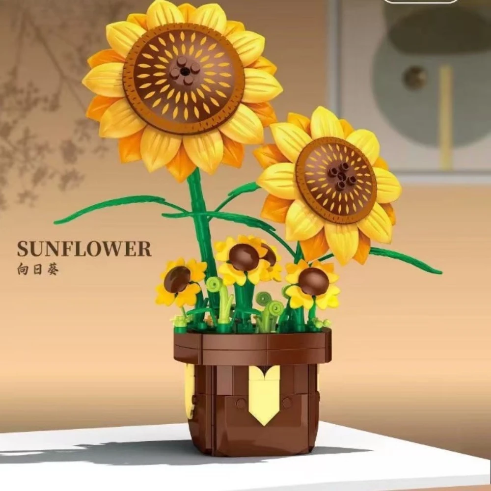 MOC Sunflower Lily Rose Potted Flower Plant Building Blocks Set Perfect Ornament Toys For Children Birthday Holiday Special Gift