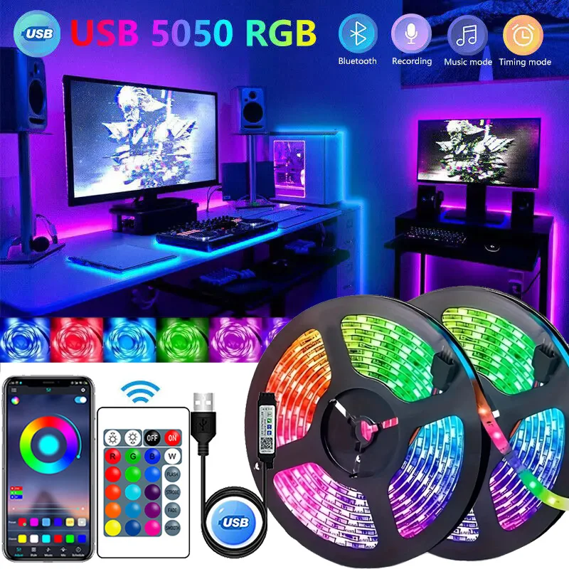 

RGB 5050 LED Strip Lights APP Control Music Sync Color Changing Flexible Ribbon Diode Lamp Tape TV Backlights Room Decoration