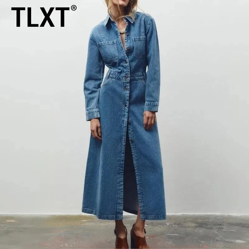 

TLXT модный женский джинсовый плащ с лацканами и длинными рукавами, однобортный, повседневный, шикарный, миди, элегантная ветровка, новинка осени 2023 г.