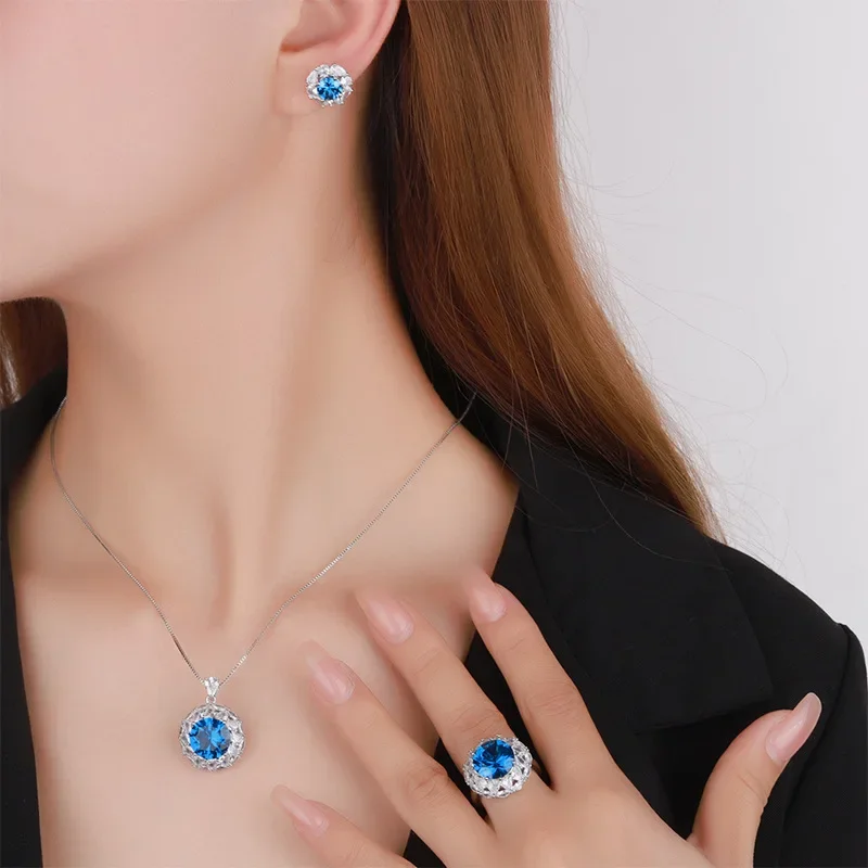 S925 Silver Plated 18K Gold Plated PT950 Platinum Blue Spindle Round Temperament Light Luxury Suit Women 12-7mm