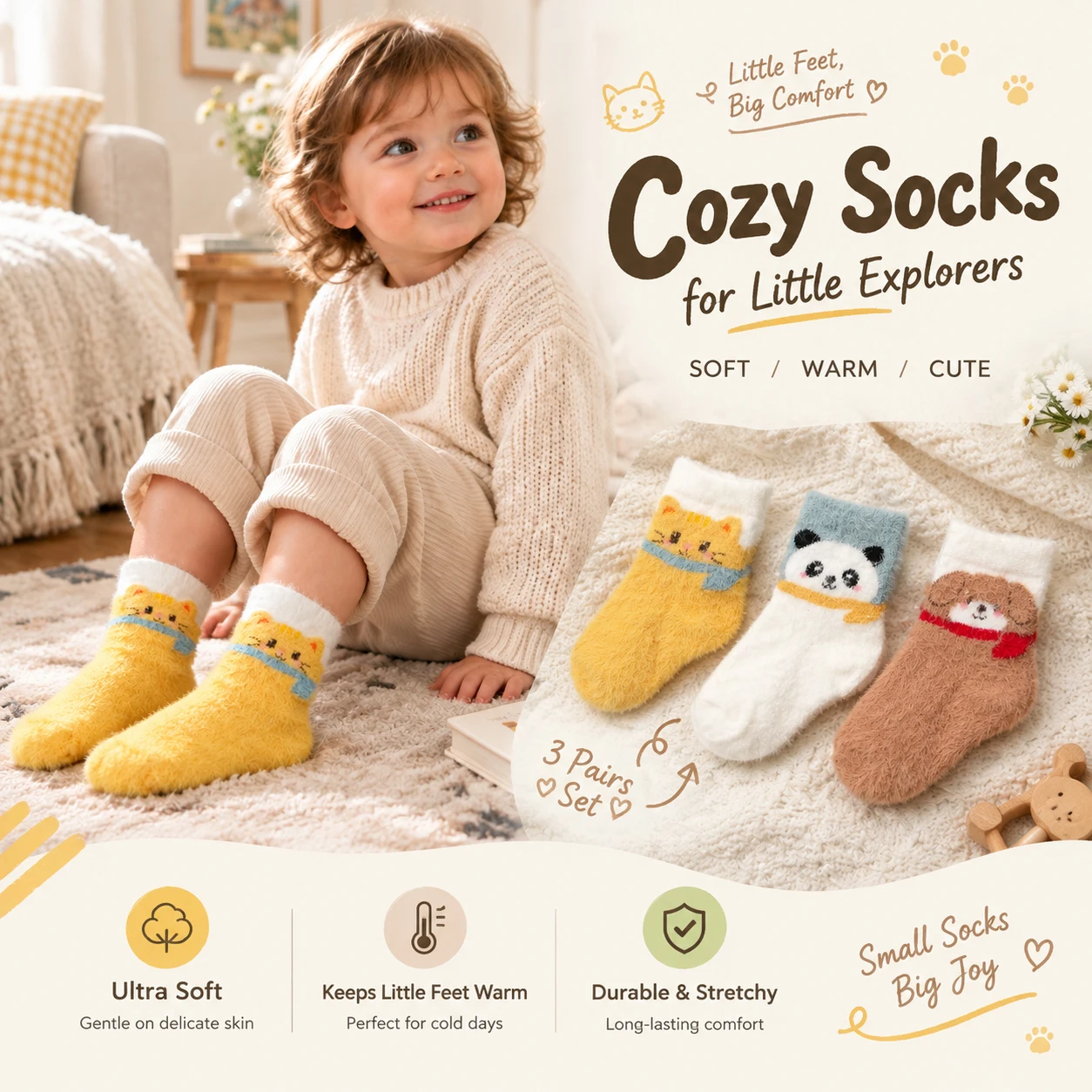 3 Pairs Baby Fuzzy Socks Cute Cartoon Cat Panda Dog Winter Warm Plush Toddler Crew Socks For 0-3Y Infant Boys Girls