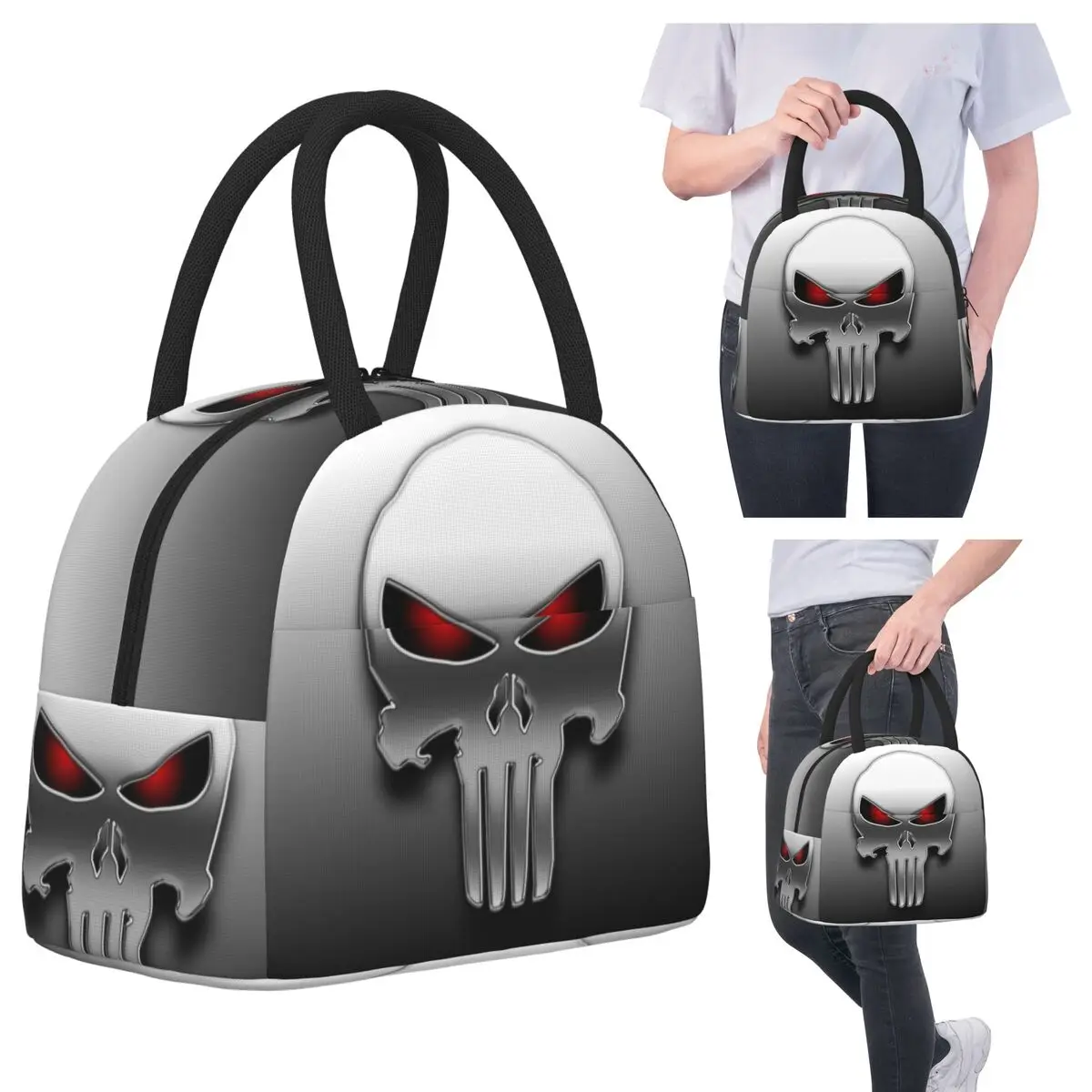 

Heavy Metal Skeleton Skull Punishers Lunch Bags Insulated Bento Box Portable Lunch Tote Leakproof Picnic Bags Cooler Bag