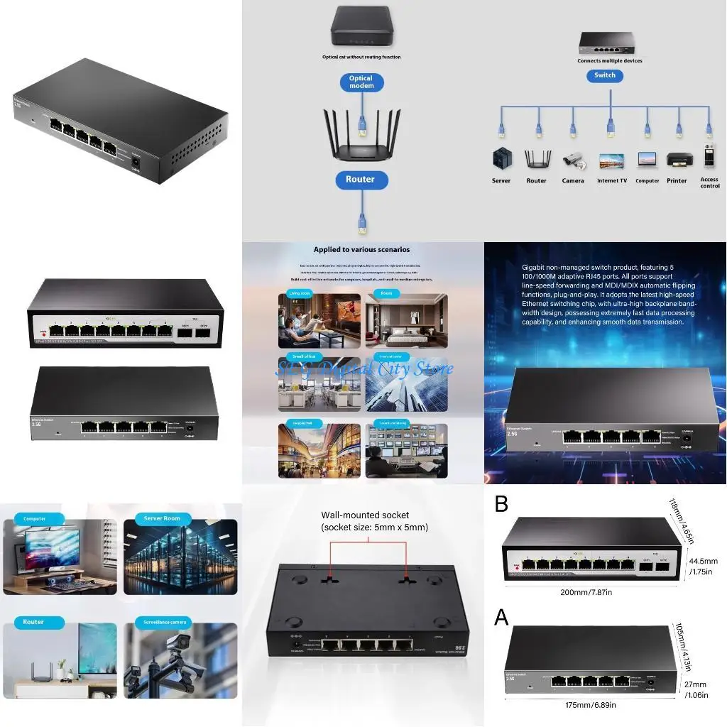 

U75B Промышленный сетевой коммутатор 5/8-портовый сетевой разветвитель Гигабитный порт 2,5 ГГц Резервное питание и охлаждение