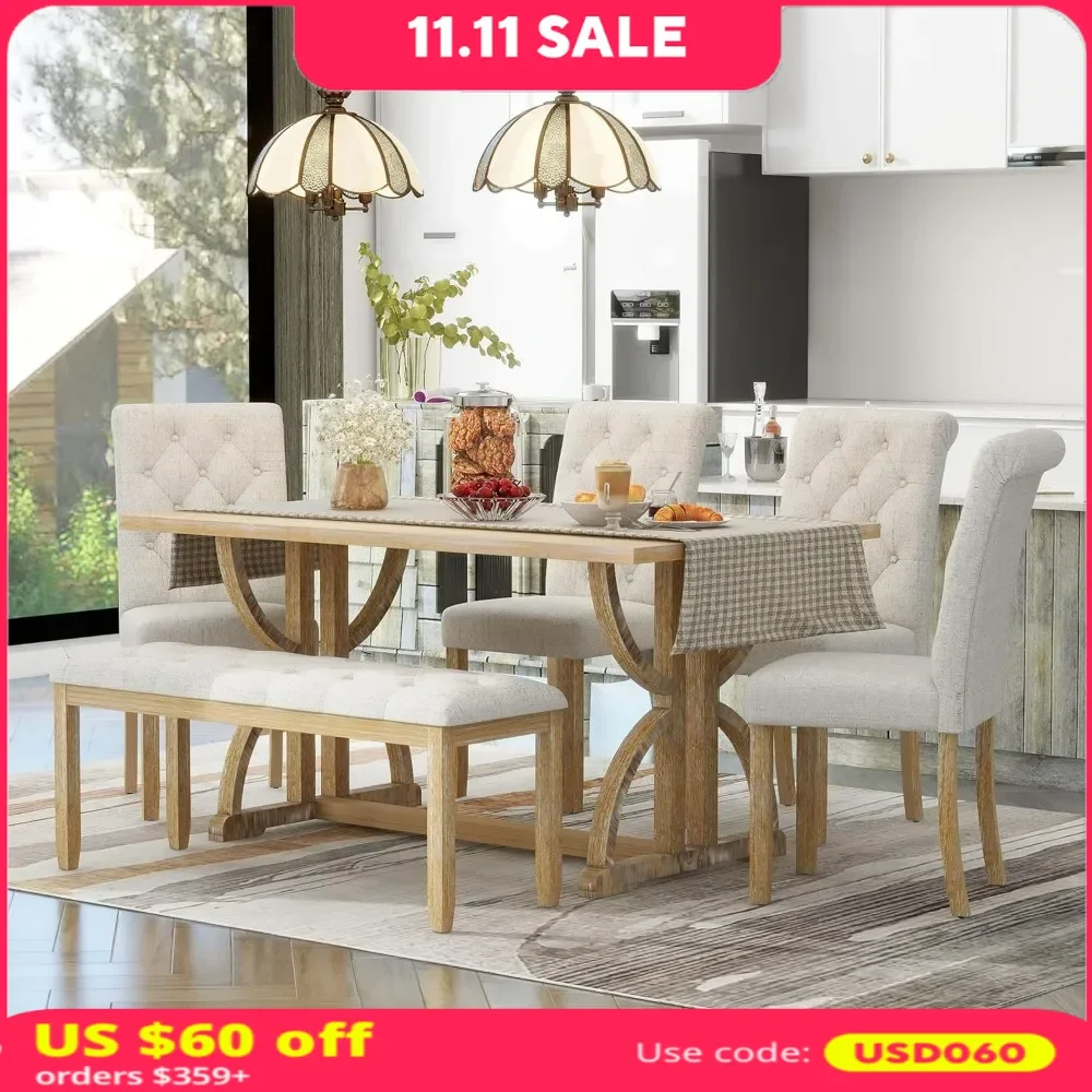 

6-Piece Retro Dining Table Set,with Unique Legs and 4 Upholstered Chairs & 1 Bench,dinning tables sets