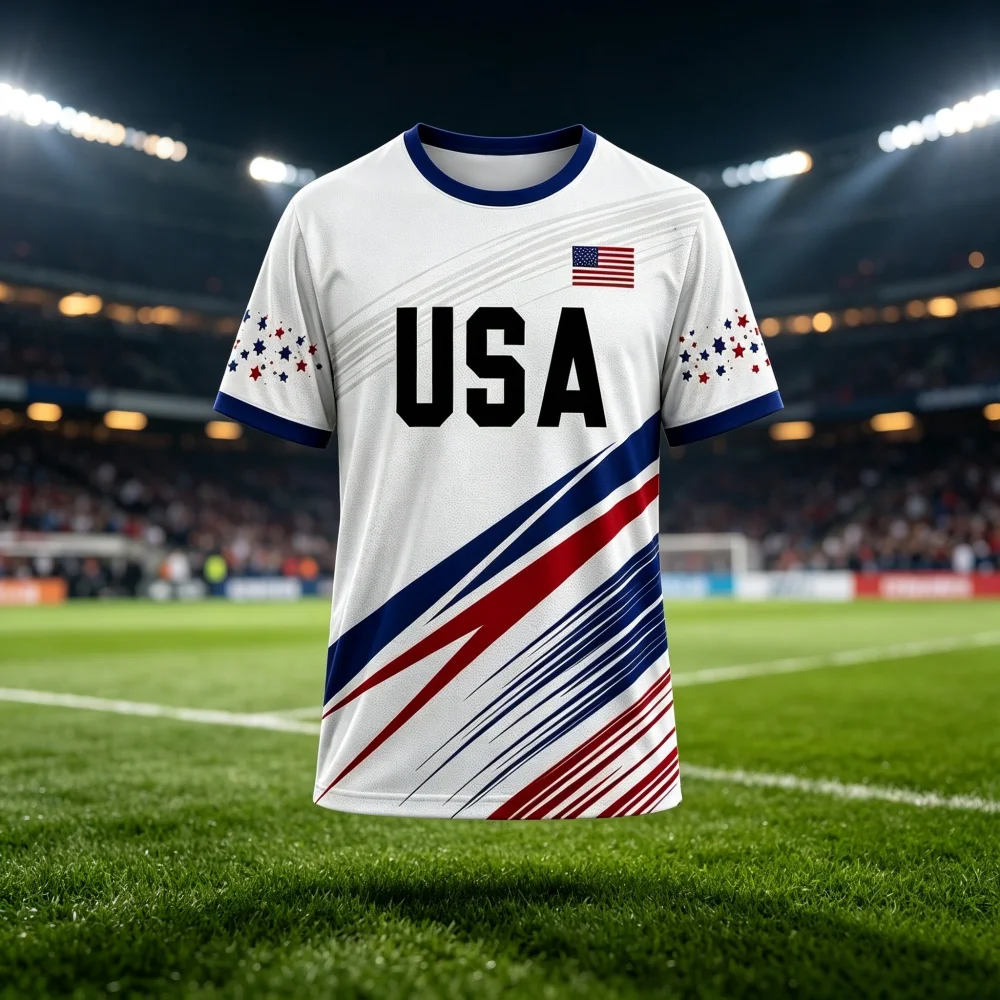 Unisex USA Soccer Fan Jersey Red Blue Star Flag Graphic Short Sleeve Football Supporter T‑Shirt Men Women Family Kids Matching