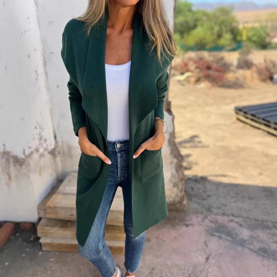 Cardigan leggero con risvolto con tacca per donna Cappotto in maglia medio-lungo aperto sul davanti Capispalla sottile 2026