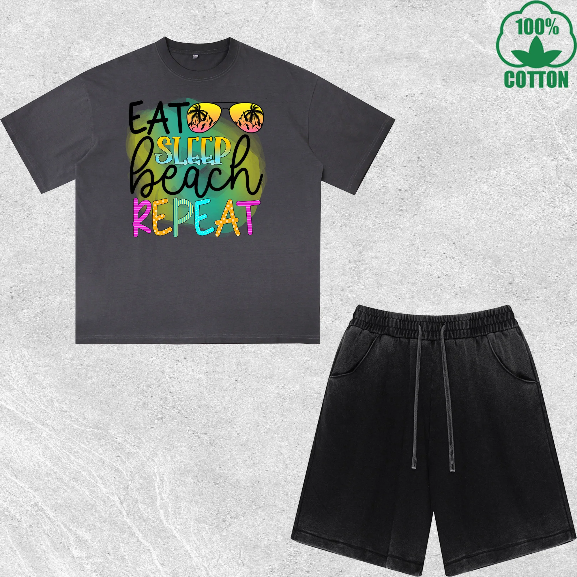 

Eat Sleep Repeat Printed Dirty Wash T-Shirt Shorts Set Multicolor Combo Loose Trendy Fashionable 100%Cotton