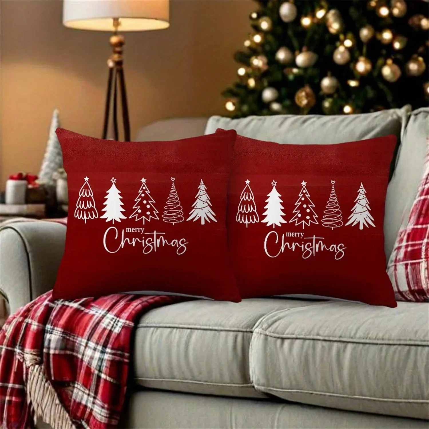Christmas Pillow Cover Red White Merry Christmas Tree Line Art Cushion Case for Sofa Couch Bedroom Living Room Home Decor Gifts