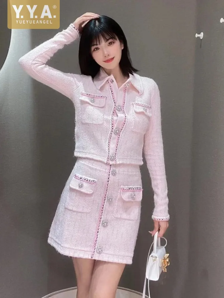 

Slim Fit Spring Autumn Office Ladies Pink Tweed Short Jacket High Waist A-Line Skirt Two Piece Set Elegant Women Fashion Sets