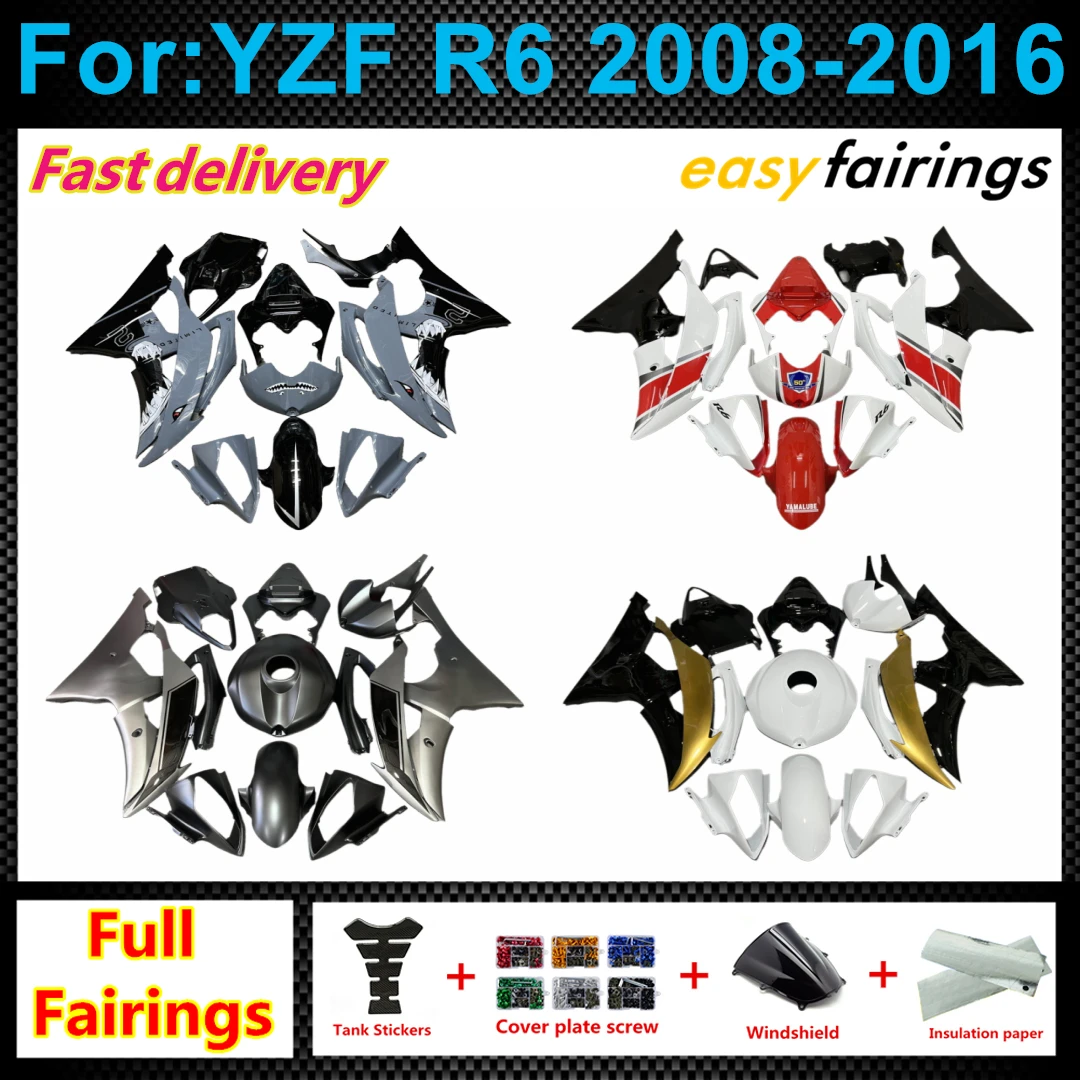 Complete Bodywork Fairing Panels Kit For R6 R6S 2008‑2016 Aftermarket ABS Fairings Set Pre‑Drilled Holes Motorcycle Parts
