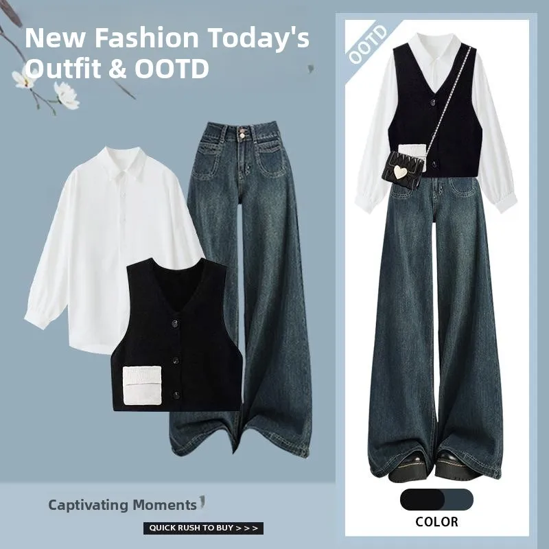 

Spring New Sle Zipper Knitted Top And Wide Leg Straight Jeans Women's Set High Quali Faion Outfit College Casual Look