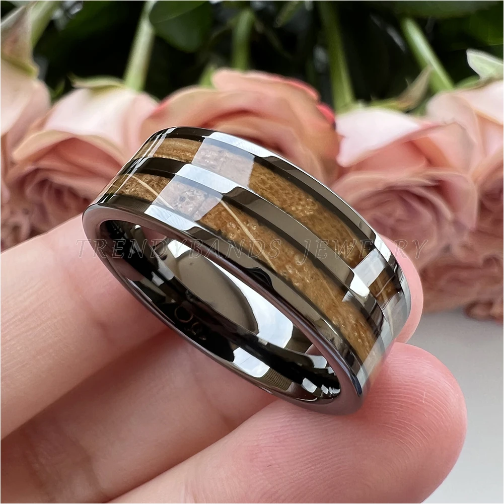8 mm Herren- und Damenring, Wolfram-Ehering, Paar-Modeschmuck, Whiskyfass, Holzeinlage, poliert, glänzend, bequeme Passform – Detail 7