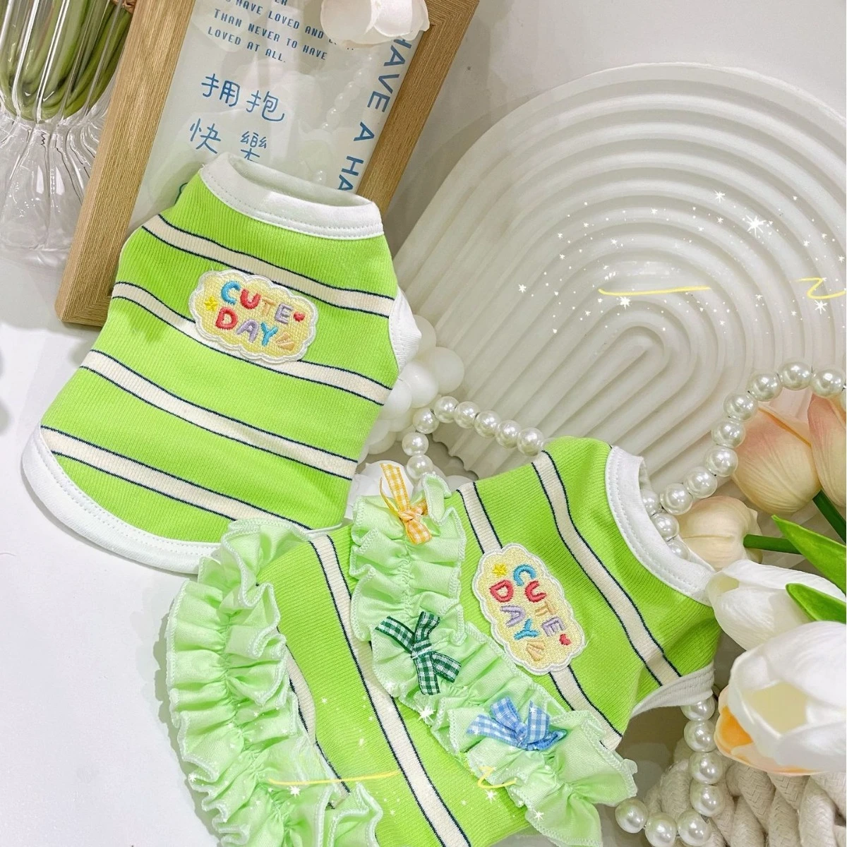 

Green & White Striped Cotton Dog Pajamas for Teacup Maltese/Yorkie/Bichon 3XS-L Breathable Home Lounge Wear with Soft Elastic