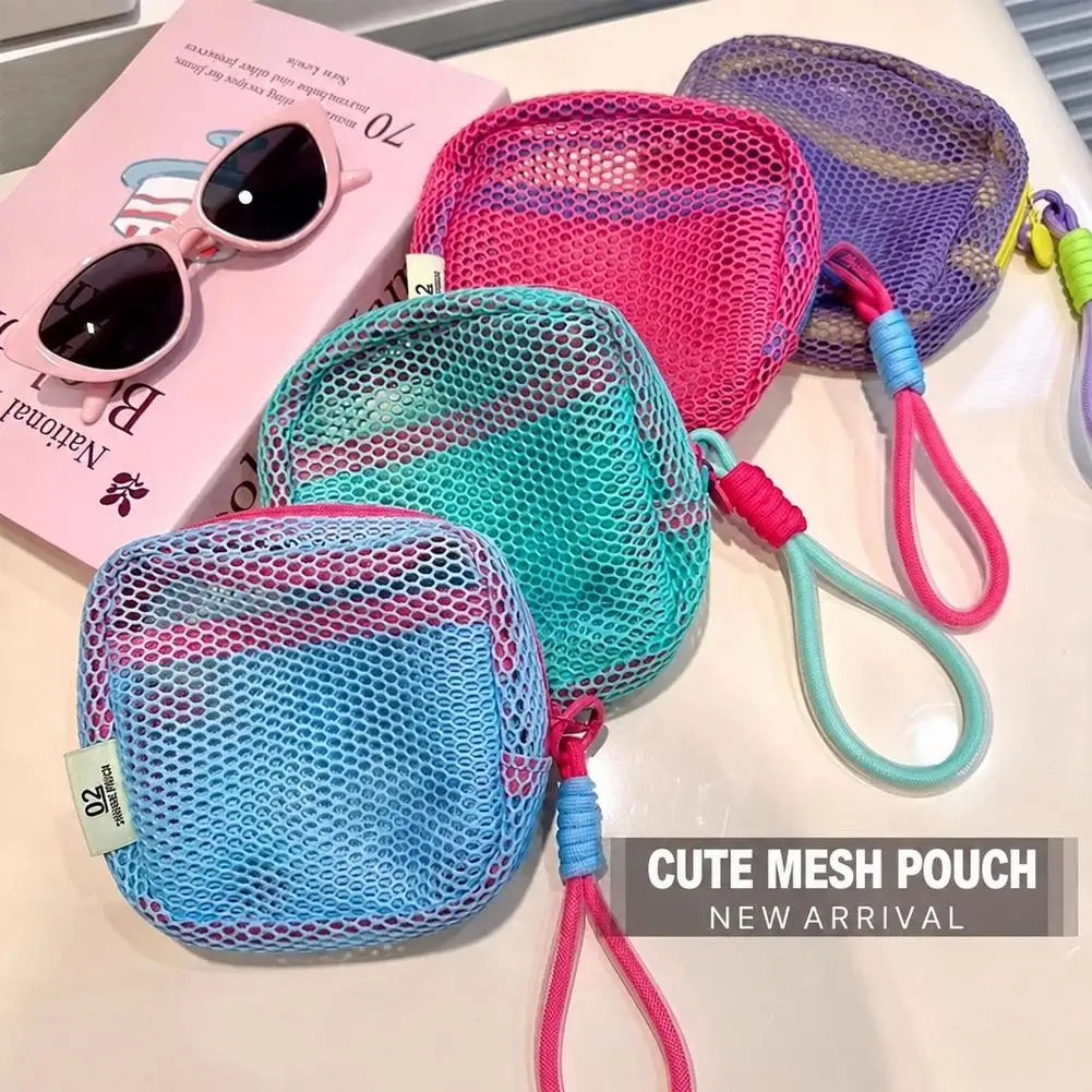 Square Mesh Makeup Bag Small Travel Beach Pouch Clear Cosmetic Storage Pouch With Wrist Strap Dopamine Color Organizer Bag