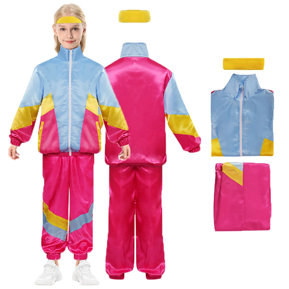 Retro 80s Cosplay Costume Fantasy Jacket Coat Pants Headband Outfits Halloween Carnival Party Suit Tracksuit For Kids Roleplay