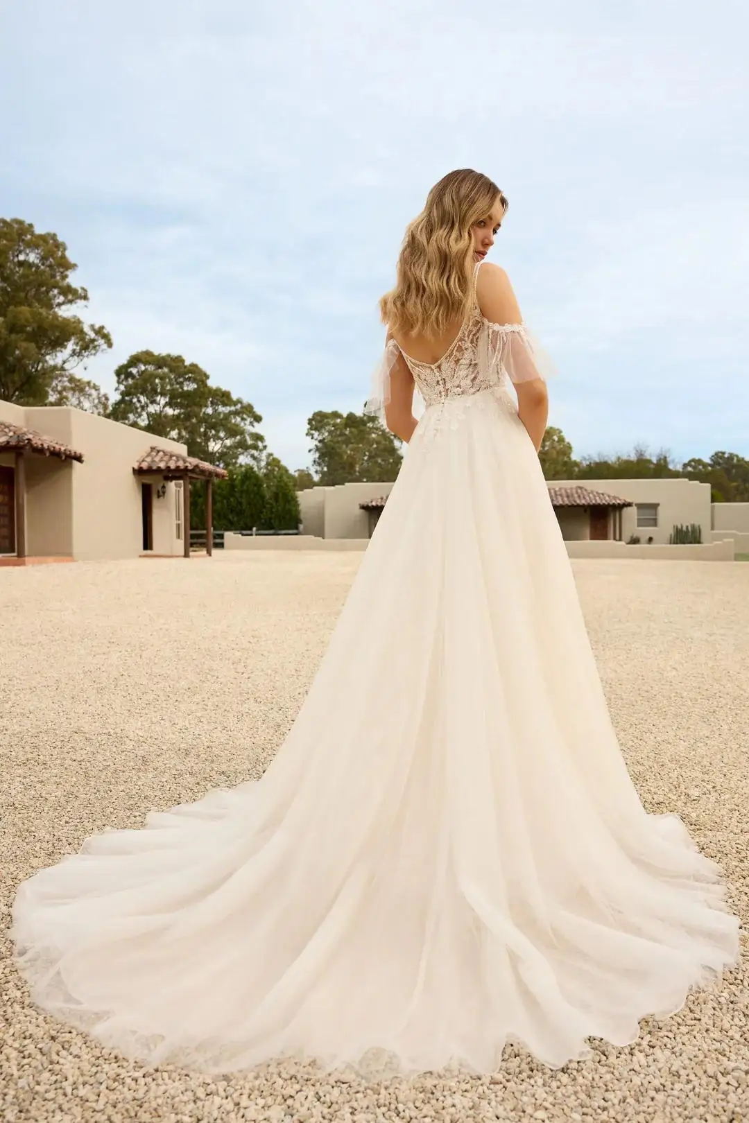 Customized Enchanting Wedding Dress Off-shoulder Flutter Sleeves Boho Wedding Gown Semi-sheer Bodice Bridal Dress with Split