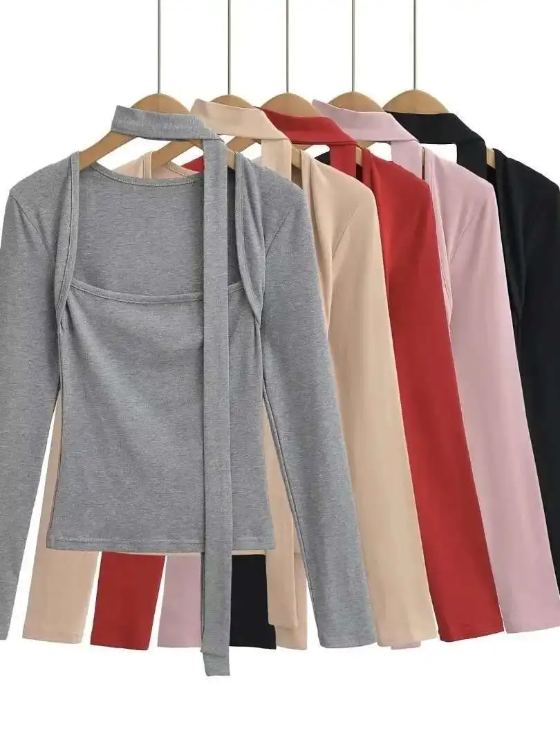 2024 Autunno/inverno New Sexy Spicy Girl Sciarpa a maniche lunghe Lace Up Pullover Vita stretta da donna Tinta unita Slim Top 16VJ