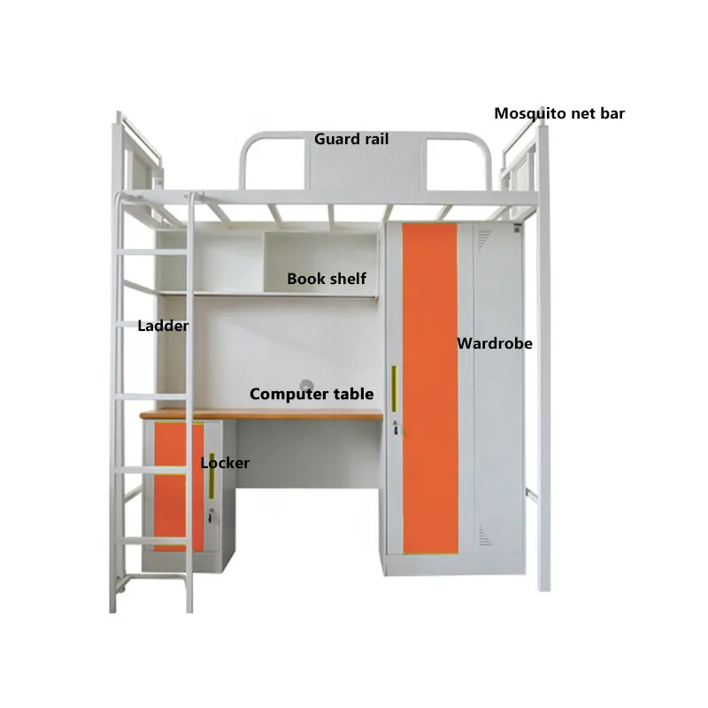 เตียงสองชั้นเหล็กสำหรับนักเรียนในหอพักพร้อมโต๊ะเขียนหนังสือและโต๊ะทำงานสำหรับผู้ใหญ่