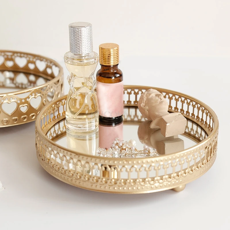 

Golden Color Delicate Jewelry Storage Tray Glass Mirror Base Bedroom Desktop Cosmetic Decorative Organize Plate
