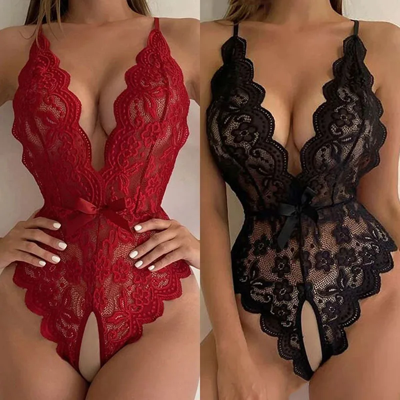 Erotic Lace Women\'s Deep V Open Bra Crotchless Slim Fit Lingerie Sexy Transparent Bodysuit Sex Temptation Underwear Costumes