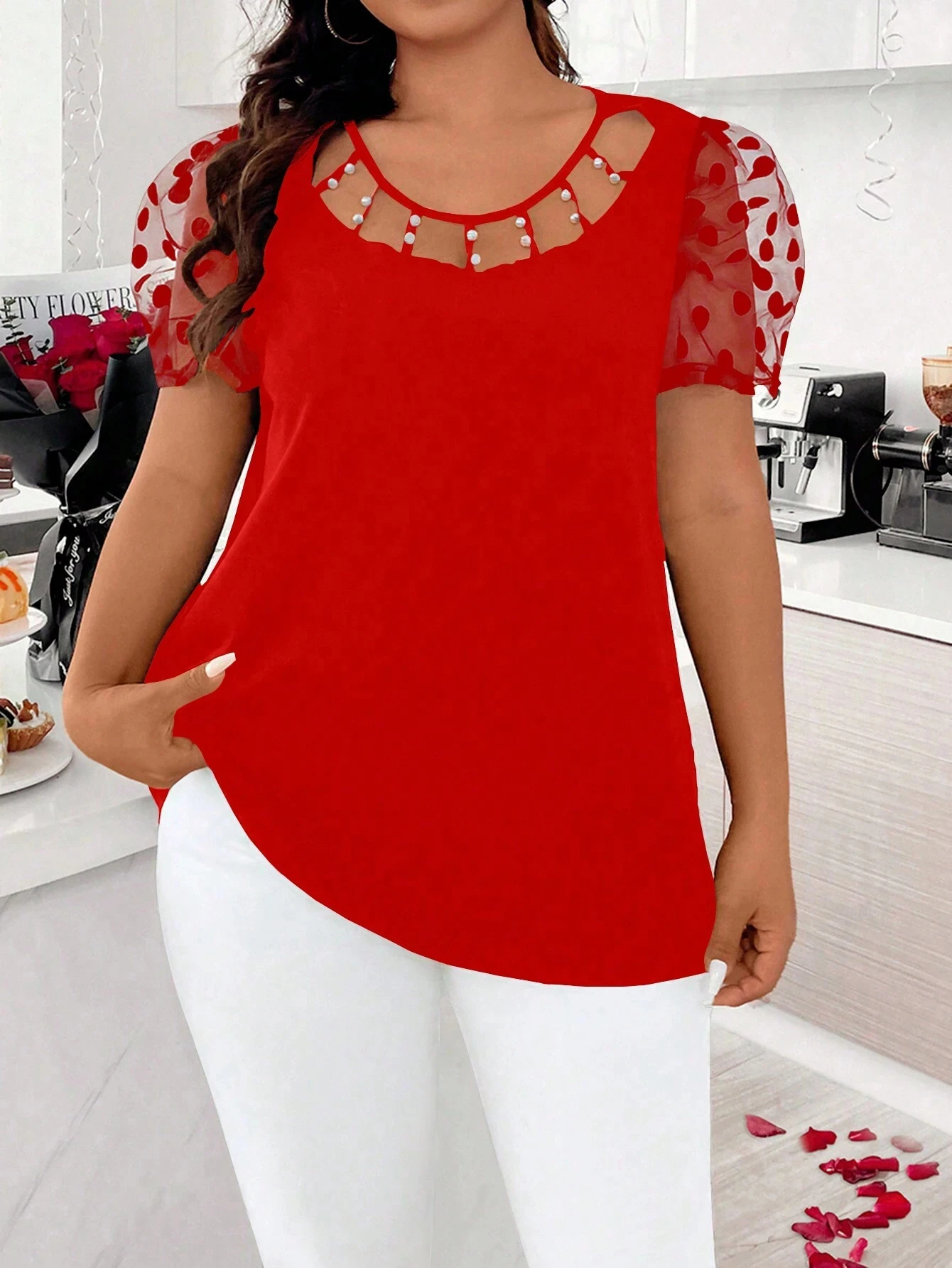 

Plus Size Round Neck Mesh Puff Sleeve Pearl Cutout Red Curved Hem Blouse, Tee For Casual & Party Women