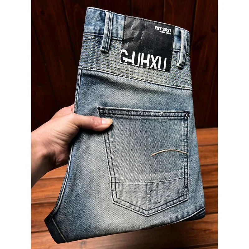 New high-end jeans men trendy slim fit straight leg fashion trend casual stretch fashion comfortable motorcycle biker denim pant