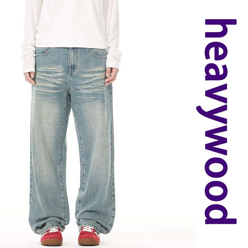 

Men's Vintage Jeans Streetwear Washing Cat Whiskers Fashion Straight Pants Youth Personality Loose Wide-leg Denim Trousers