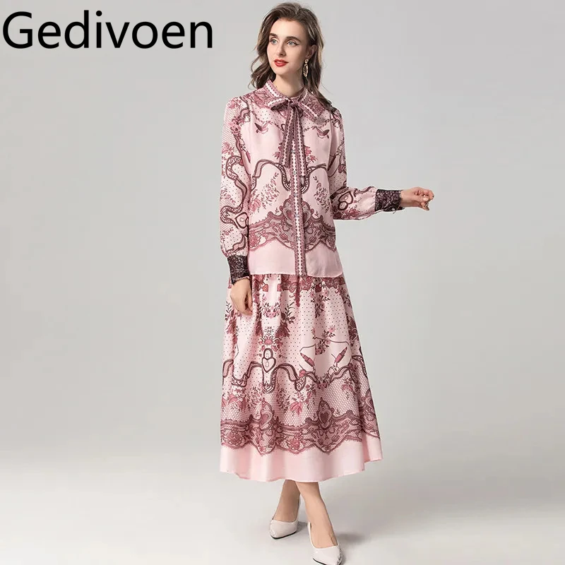 Gedivoen Autumn and Winter Women's Suit Scarf Collar Long-Sleeved Single-Breasted Tops+Casual Skirt Vintage Print 2 piece set