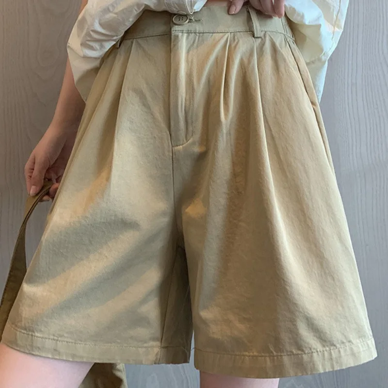 Beige American-style Suit Shorts for Women 2026 Summer Thin Pure Cotton Loose Slim-fit Women's Wide-leg Knee-length Pants