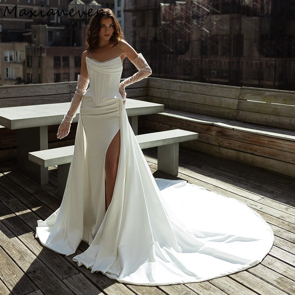 Maxianever Customized Satin Mermaid Wedding Dresses with Removable Train Strapless Trumpet Bridal Gowns Vestido De Noiva