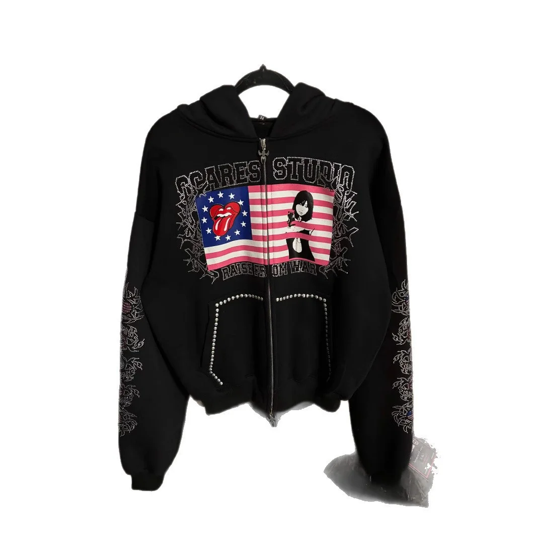 Autumn Neutral Hooded Sweatshirt with Minimalist National Flag Pattern Contrasting Aesthetics Y2K Loose Fit Zipper Design New It