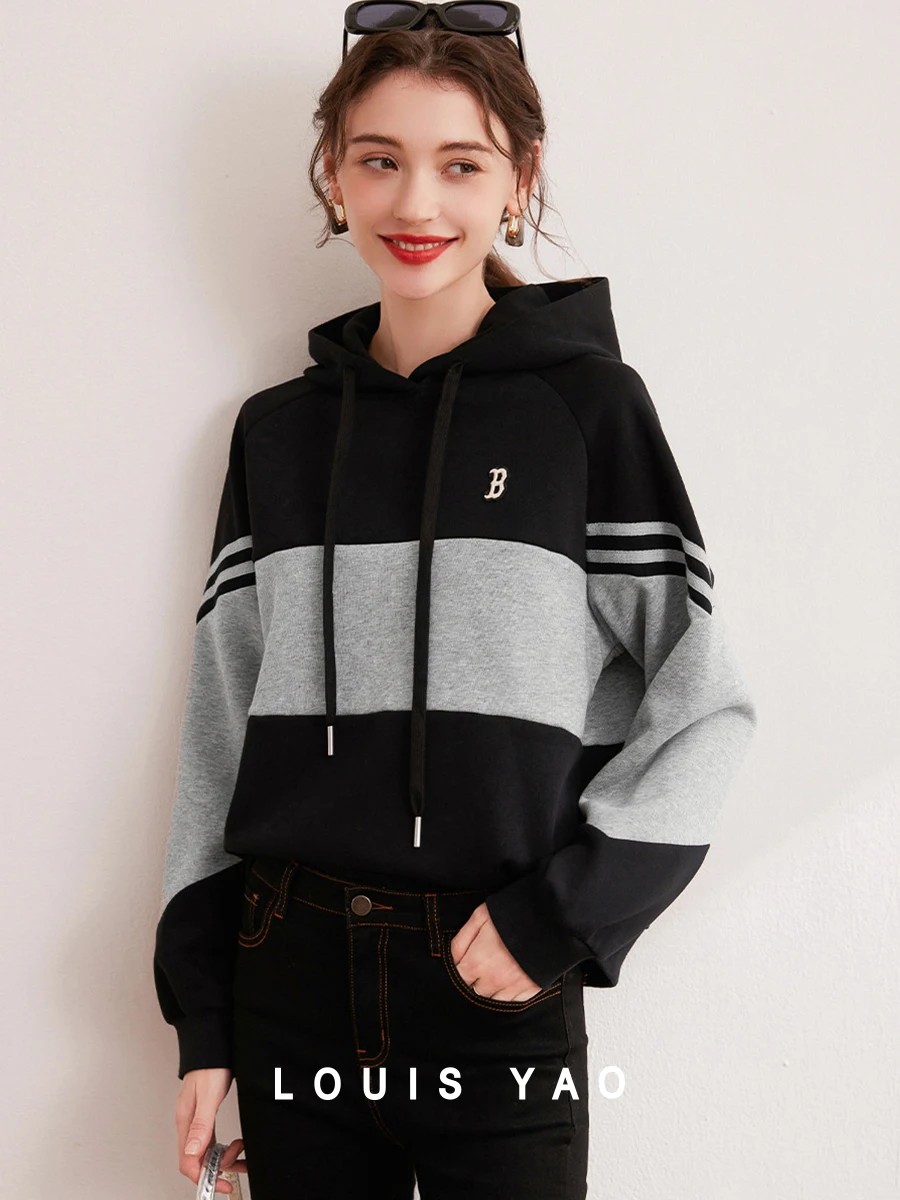 

LOUIS YAO 2024 Autumn Hooded Contrast Splicing Hoodie Lazy Style Embroidered Letter Loose Long Sleeve Women's Hoodie