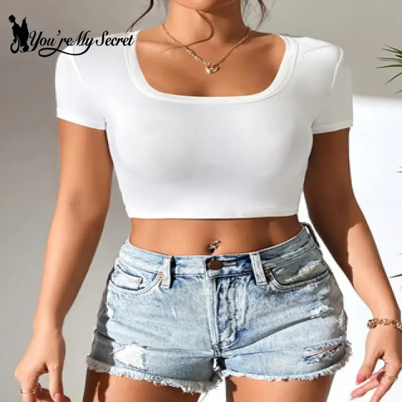 [You're My Secret] Women Summer Casual T Shirt Basic O Neck Knit White Crop Top Y2k Streetwear Sexy Short Sleeve Tops