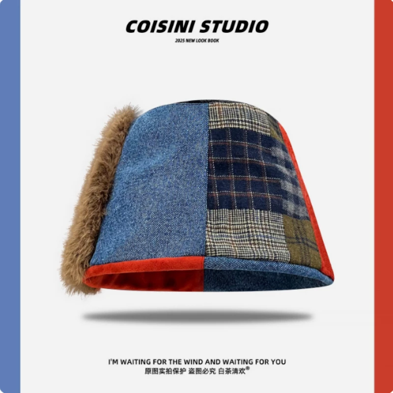 

Нишевая оригинальная клетчатая джинсовая замшевая панама для мужчин и женщин, осенне-зимняя модная индивидуальная универсальная кепка для бассейна