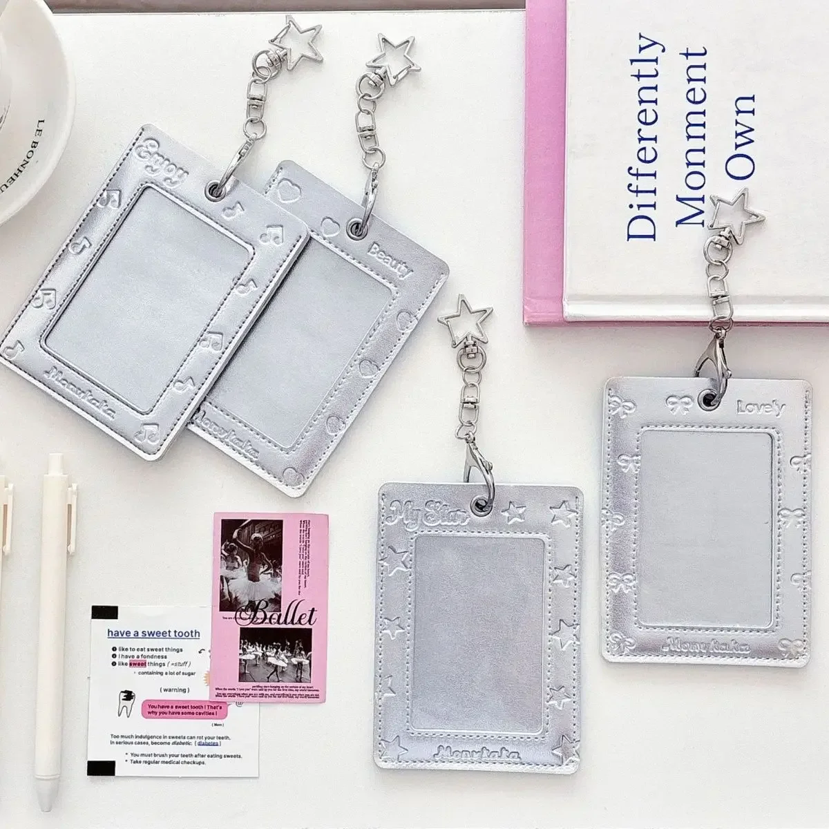 4Pc/Set INS Korean Silver Star Bow Card holder Cute Girl Idol 3-inch Photo Storage Card holder Student Backpack Pendant Keychain