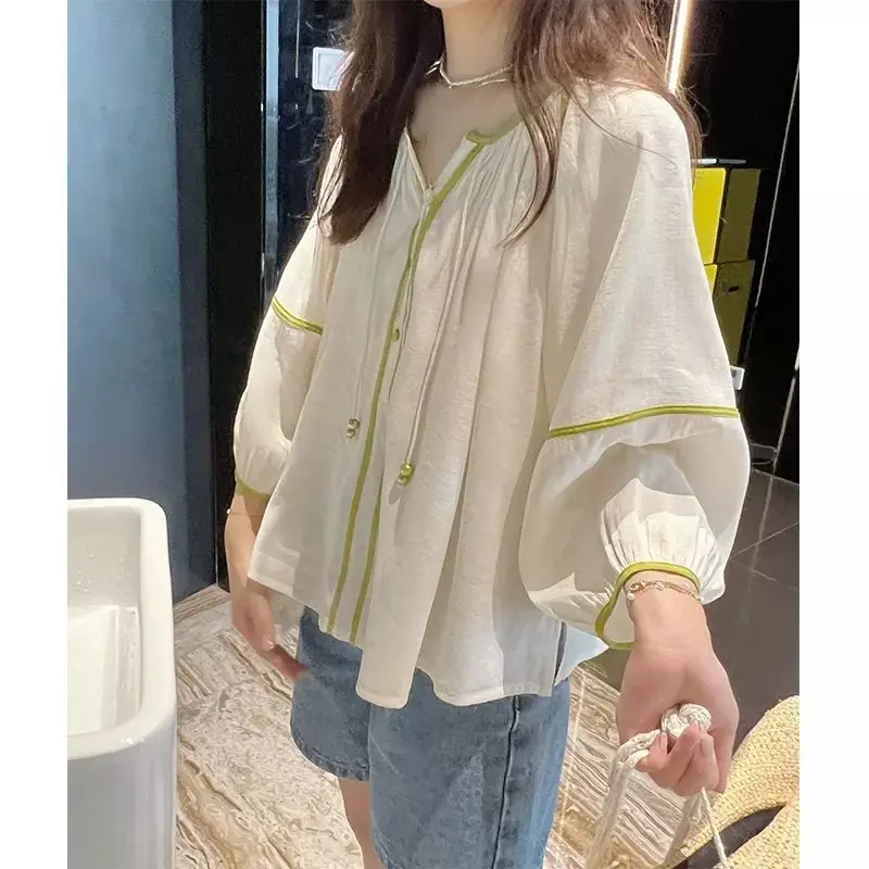 

Модная женская рубашка большого размера с пышными рукавами семи центиров, летняя свободная и универсальная французская шифоновая кукольная рубашка