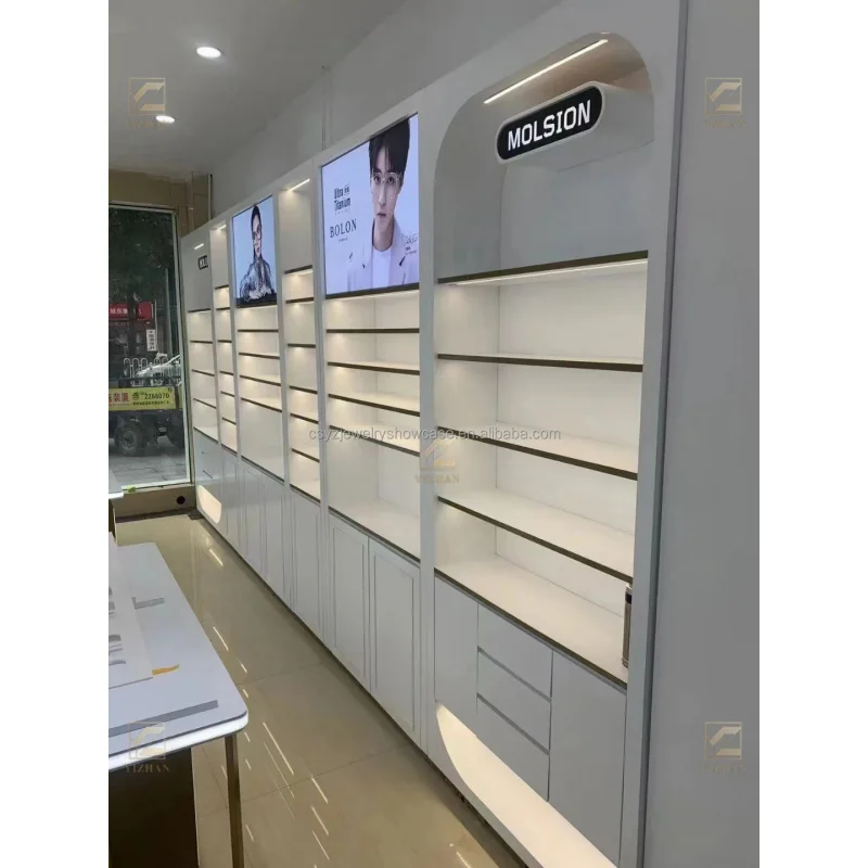custom.White Fashion OEM Sunglasses & Eyewear Tempered Glass LED Lit Display Showcase Optical Shop Interior Des