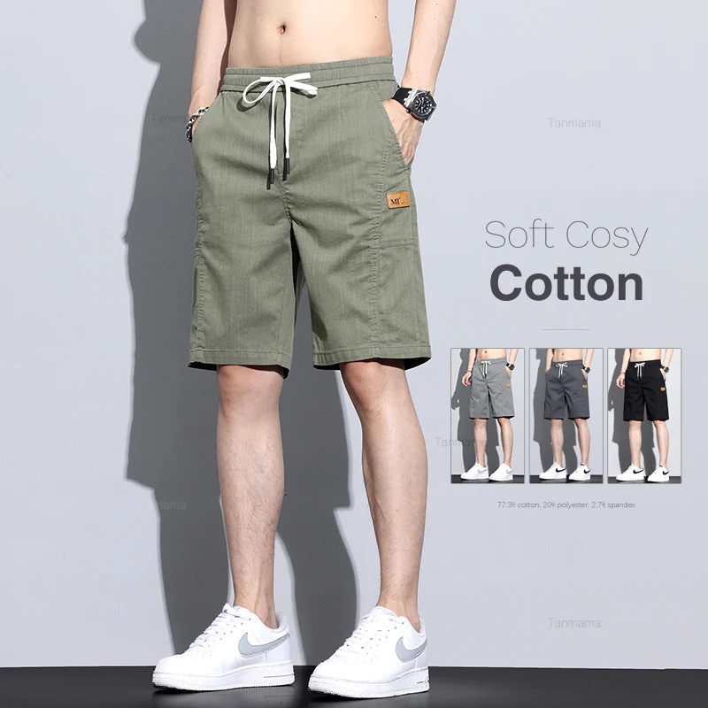 Summer Drawstring Casual Shorts Men's Fashion Cotton Elastic Armygreen Gray Black Loose Straight Comfortable Knee-length Shorts