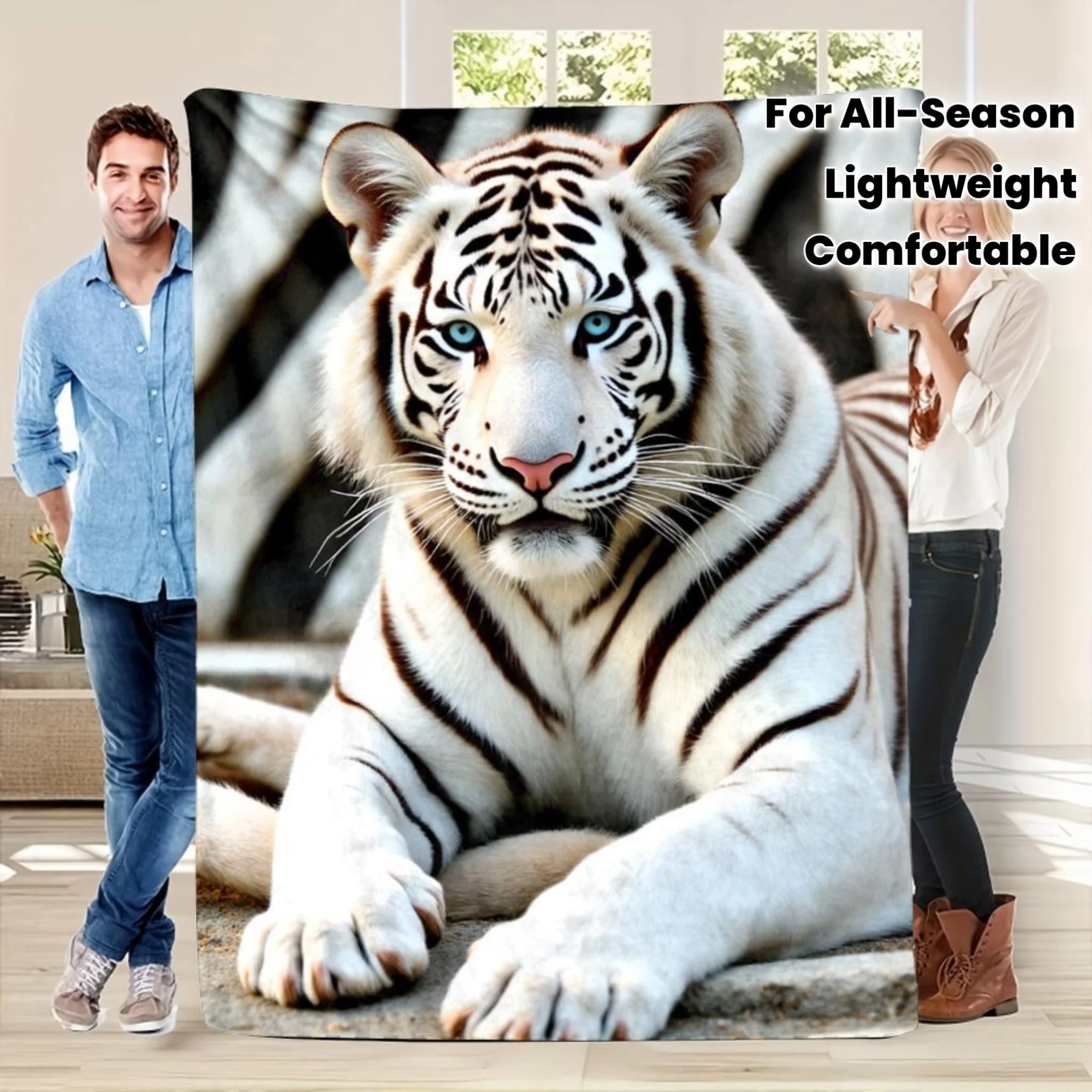 Soft And Lightweight Flannel Blanket, Featuring a Comfortable White Tiger Print Design with Black Stripes And White Tiger Face.