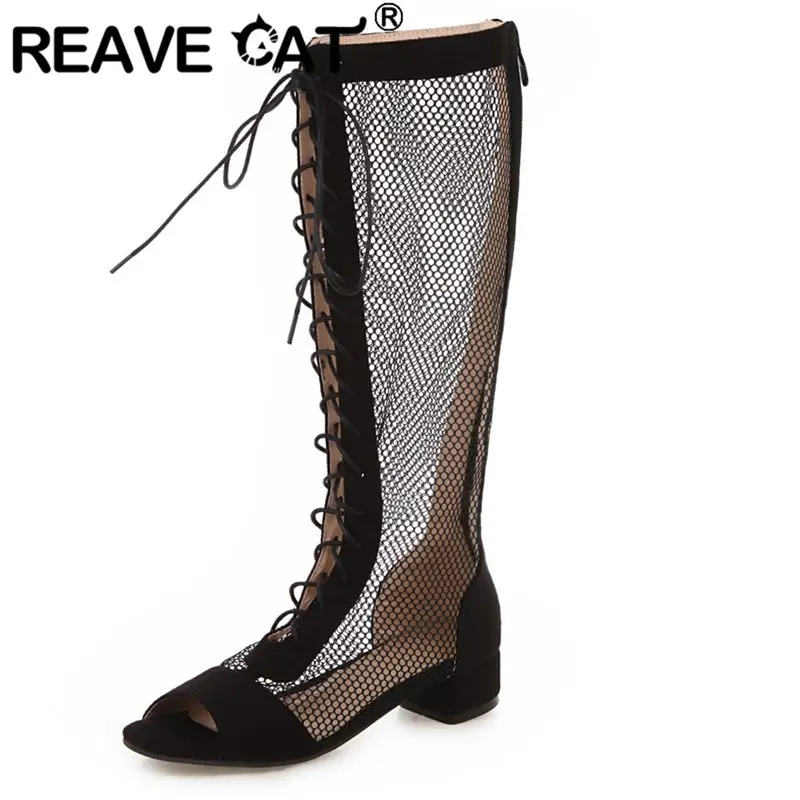 

REAVE CAT 2025 Women Sandals Block Heels 3cm Zipper Lace Up Flock Suede Breathable Mesh 41 42 43 Fashion Summer Knee High Bota
