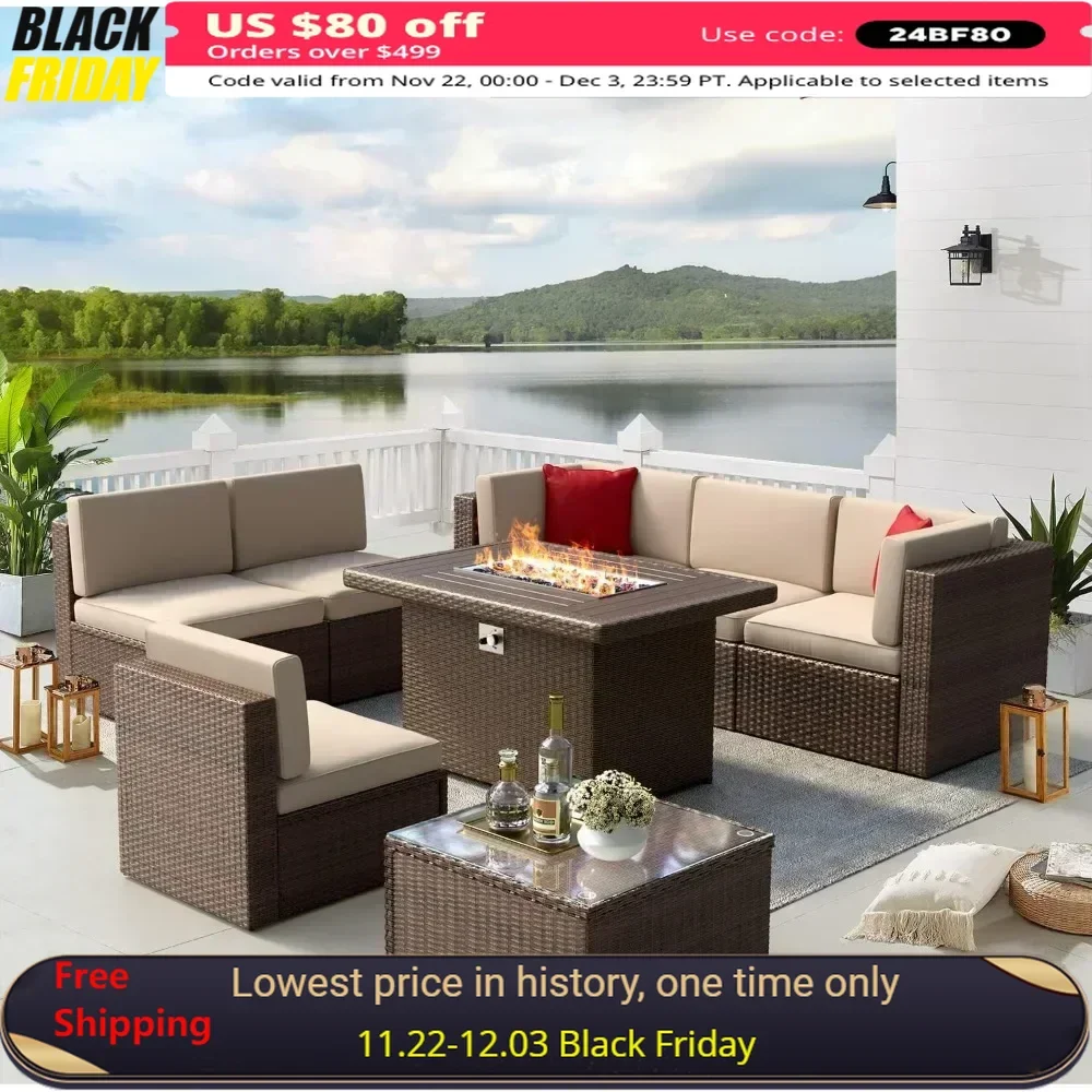 

Garden Furniture 8 Pieces Set with 40" Fire Pit Outdoor Sofa Sets, Wicker Furniture Set with Coffee Table, Garden Furniture Sets