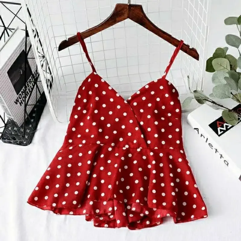 Red Polka Dot Print Chiffon Short V-Neck Sleeveless Sexy Pullover Women\'s Blouse Shirt Korean Fashion Female Clothing Tops 2024