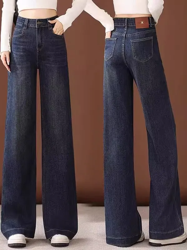 

Джинсы женские с высокой талией, прямые, на подкладке, повседневные, широкие, свободного кроя, утягивающие, больших размеров