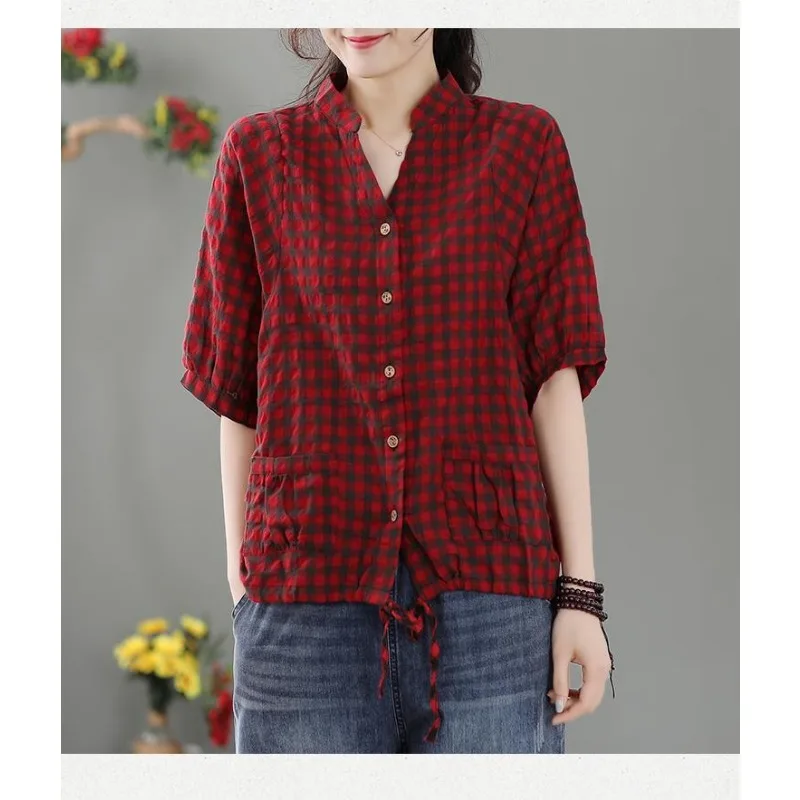 Retro xadrez impressão feminina 2025 fino elegante literário com decote em v manga média solta manga quarto botão topo
