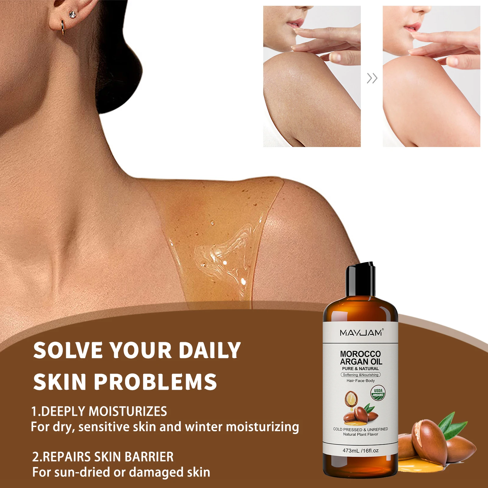 زيت الأركان المغربي العضوي النقي من MAYJAM تدليك على الوجه والشعر والجسم زيت اللوز الحلو المضغوط على البارد معتمد من USDA 473 مل زيت الوجه