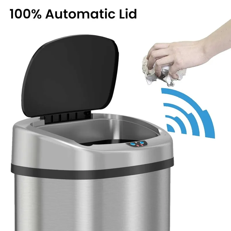 SensorCan 13 Gallon Kitchen Trash Can With Odor Filter, Stainless Steel Oval Automatic Trashcan For Home Office Bedro