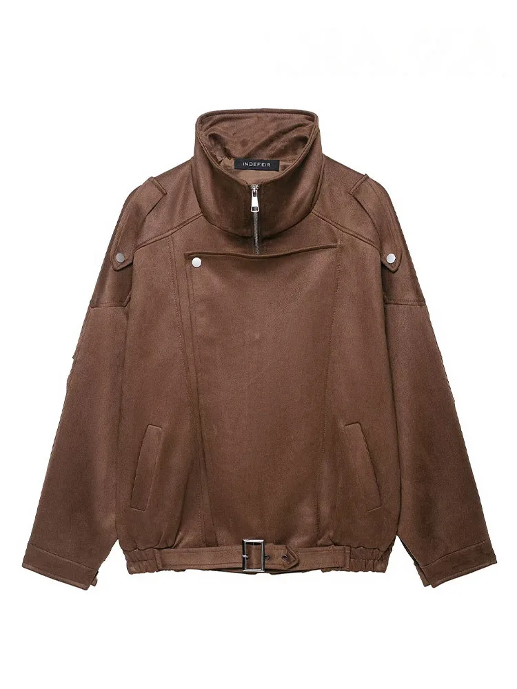 HH 2025 Autumn Women High Collar Long Sleeves Button Pockets Decoration Coats Woman Elegant Casual High Street Jacket