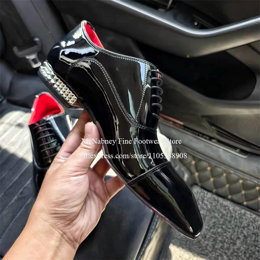 Patent Leather Oxford Shoes Black Lace up Cap Toe Metallic Spiked Heel Elegant Office Men Dress Wedding Shoes for Dailywear