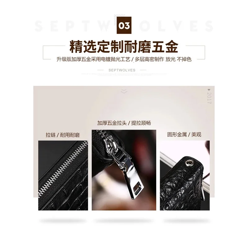 genuine Leather Long Purse Zipper Money Clip Black Business cowhide Wallet Male Luxury Brand crocodile patterned Men Clutch Bag - view 6