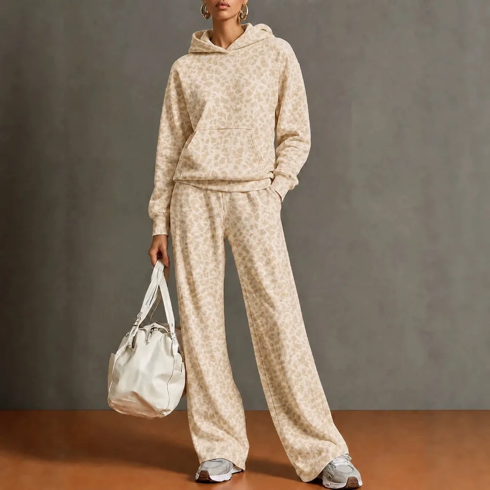2026 Fall Winter Women Retro Leopard Print Hoodie Sweatshirt Wide Leg Pants Two Piece Set Casual Sportswear
